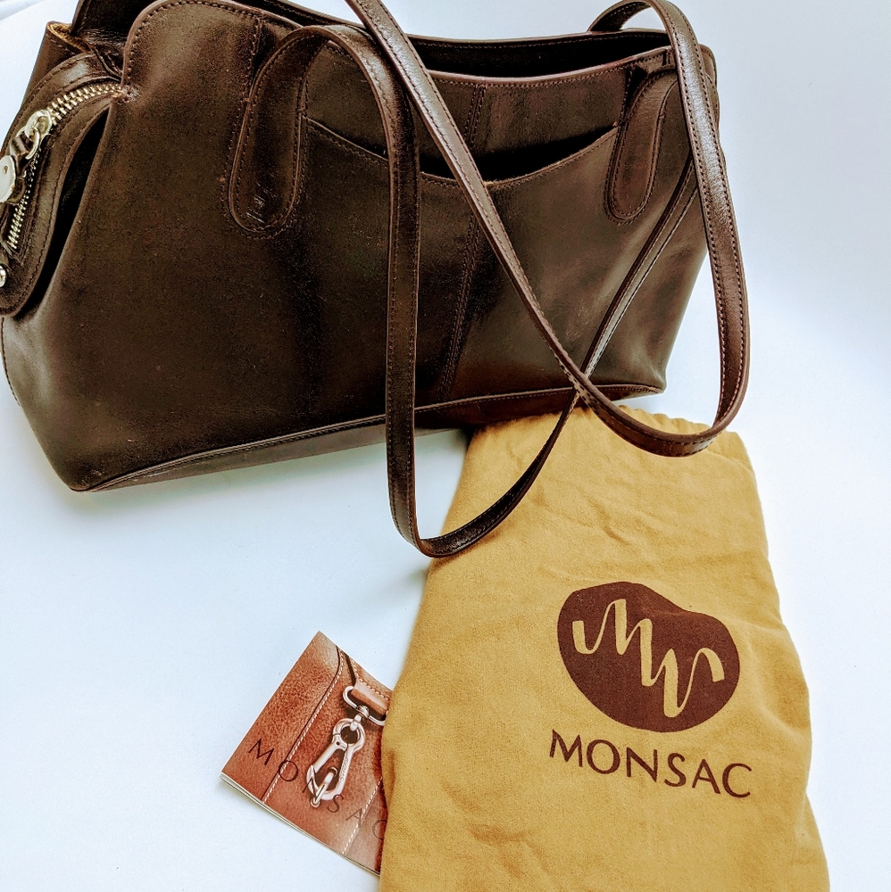 SOLD!!!MONSAC ORIGINAL Brown Real Leather Satchel Shoulder Bag Purse, with dust.